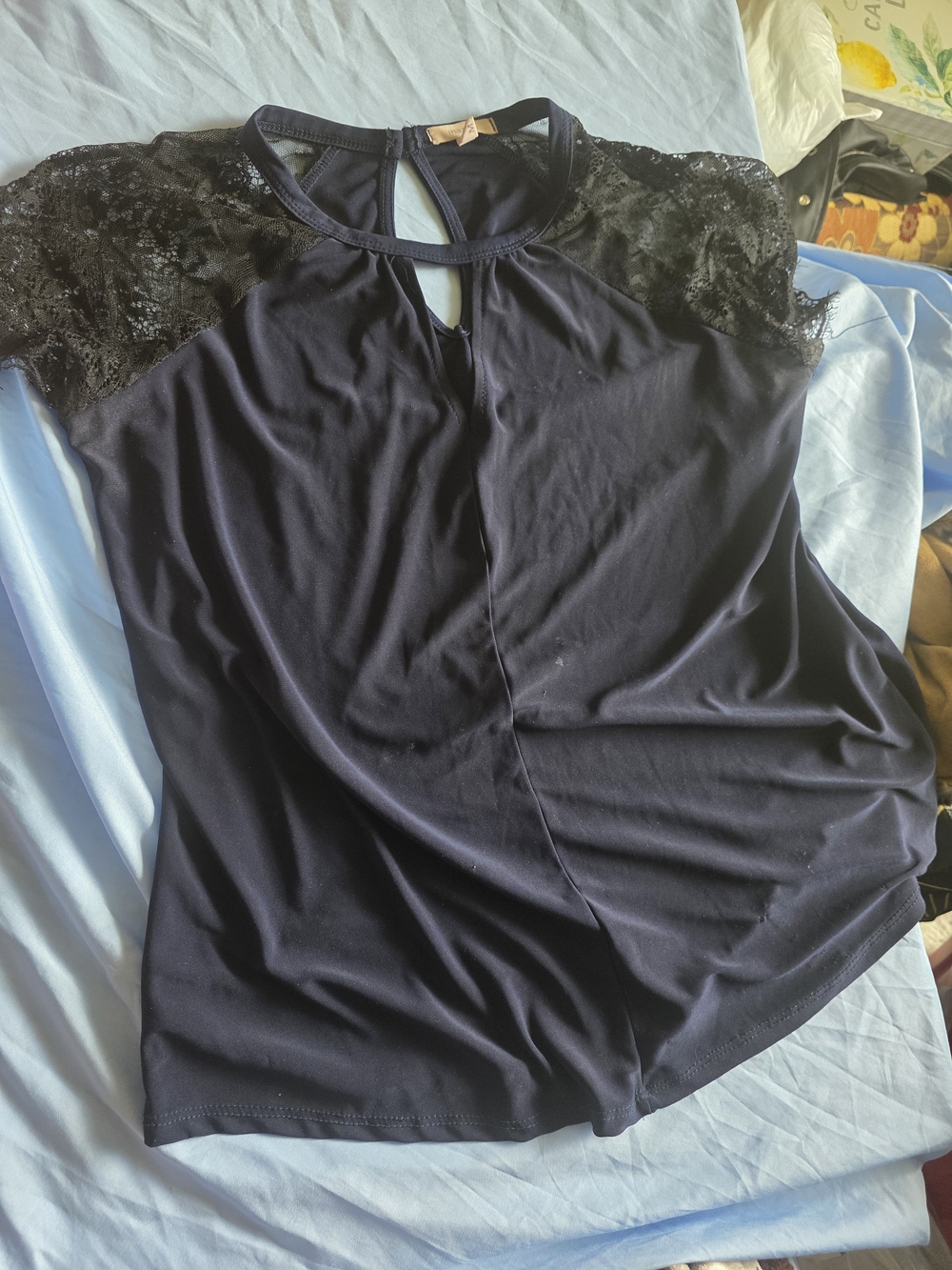 Women's Navy Lace Shoulder Keyhole Top
